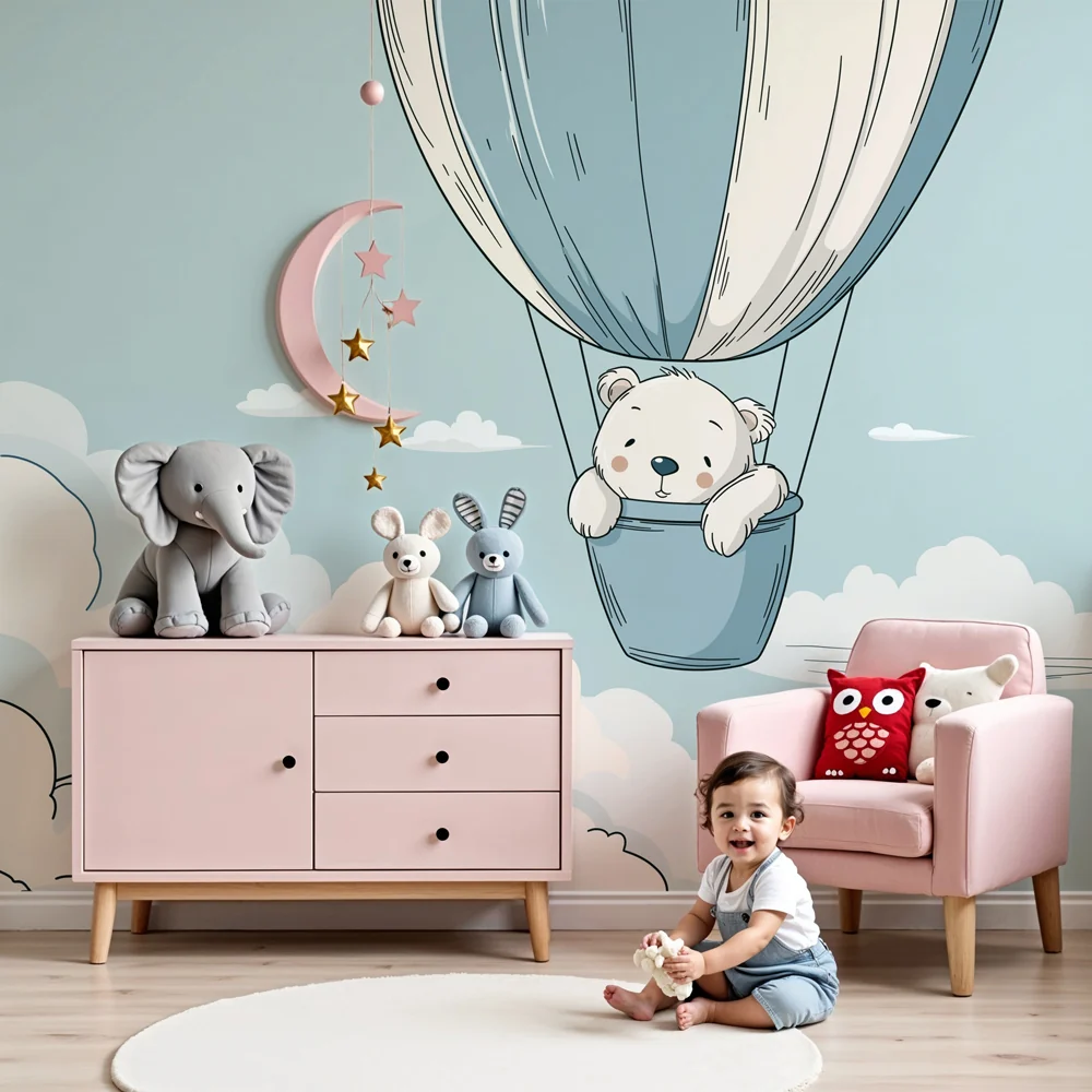 Papel de parede quarto bebê | Малък мечо в въздушен балон