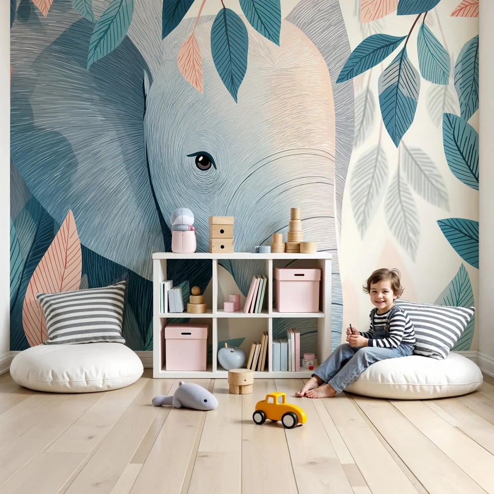 Papel de parede quarto bebê | Мирен слон сред зелени листа