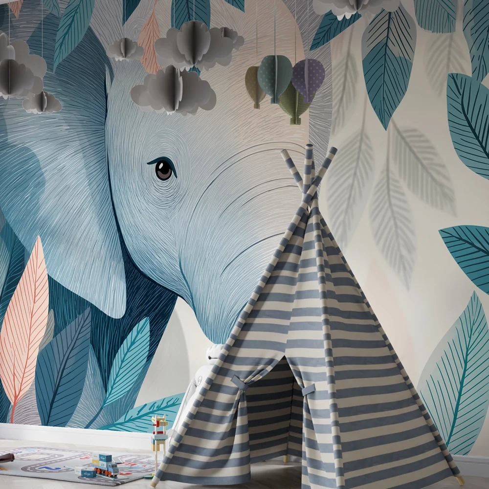 Papel de parede quarto bebê | Мирен слон сред зелени листа