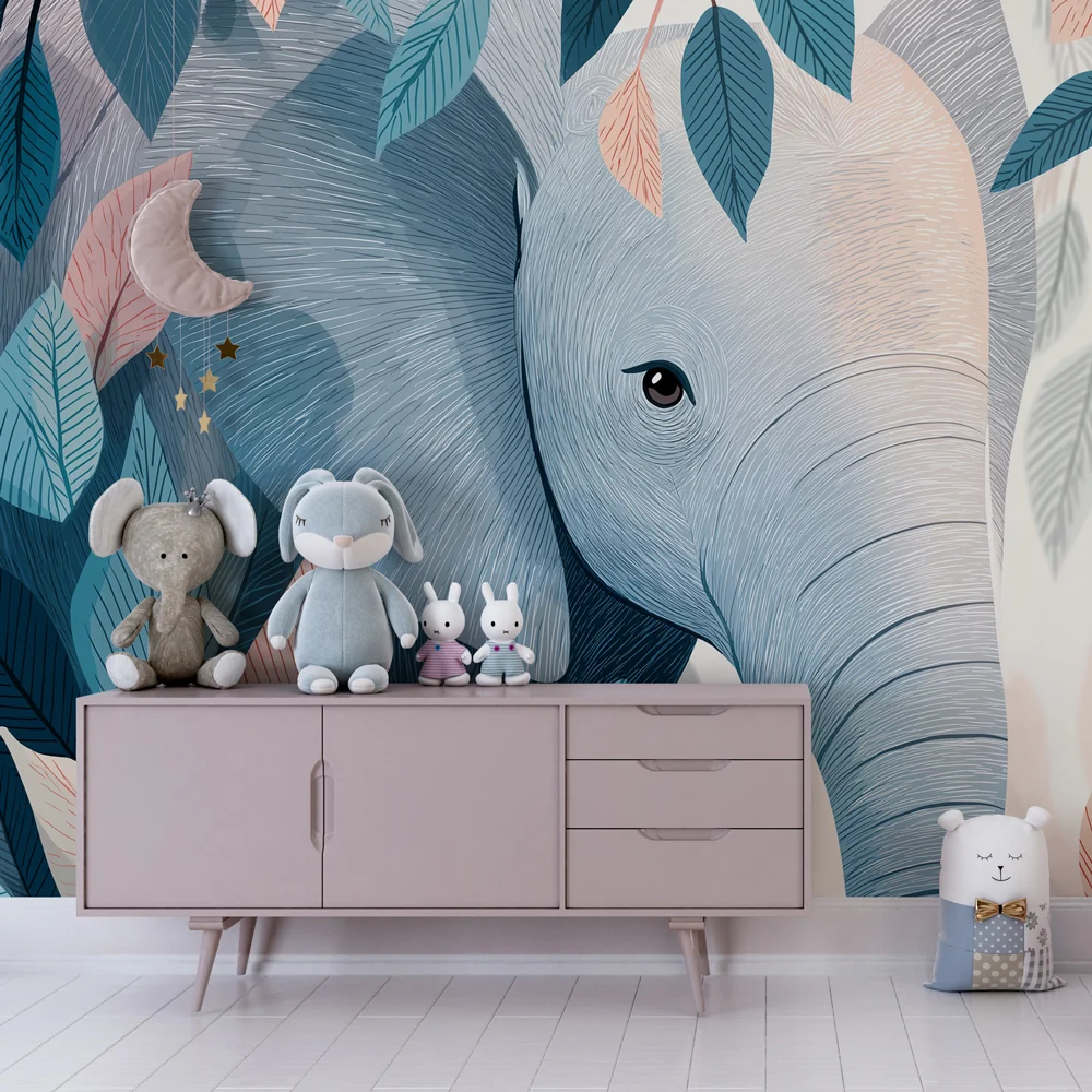 Papel de parede quarto bebê | Мирен слон сред зелени листа