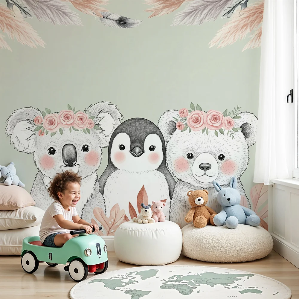 Papel de parede quarto bebê | Adoráveis animais e flores delicadas