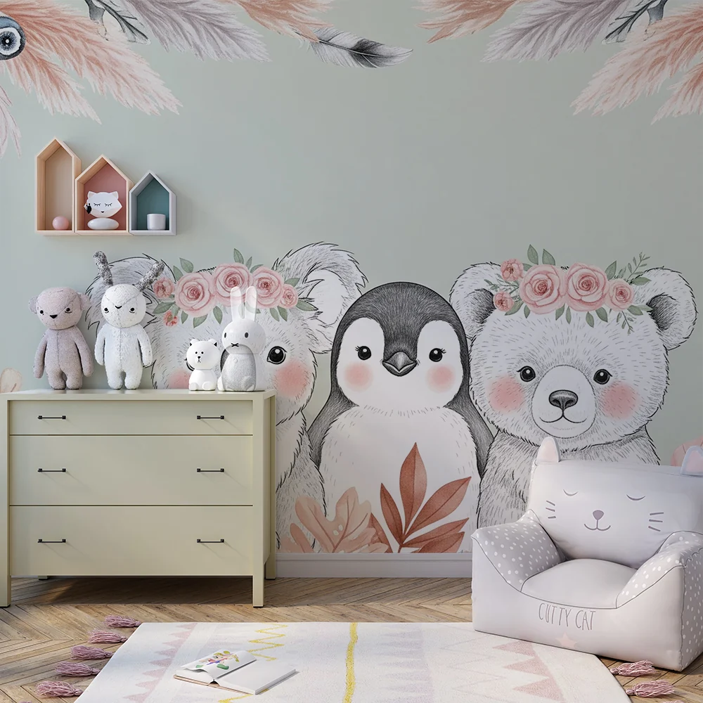 Papel de parede quarto bebê | Adoráveis animais e flores delicadas