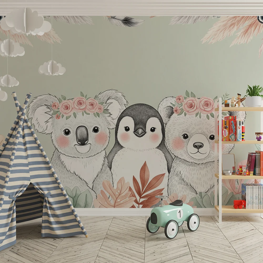 Papel de parede quarto bebê | Adoráveis animais e flores delicadas