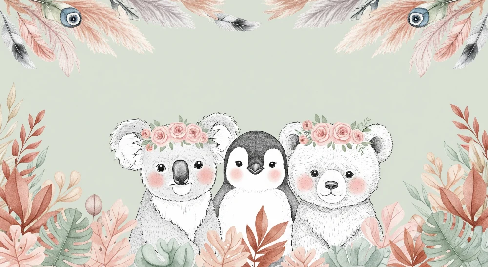 Papel de parede quarto bebê | Adoráveis animais e flores delicadas