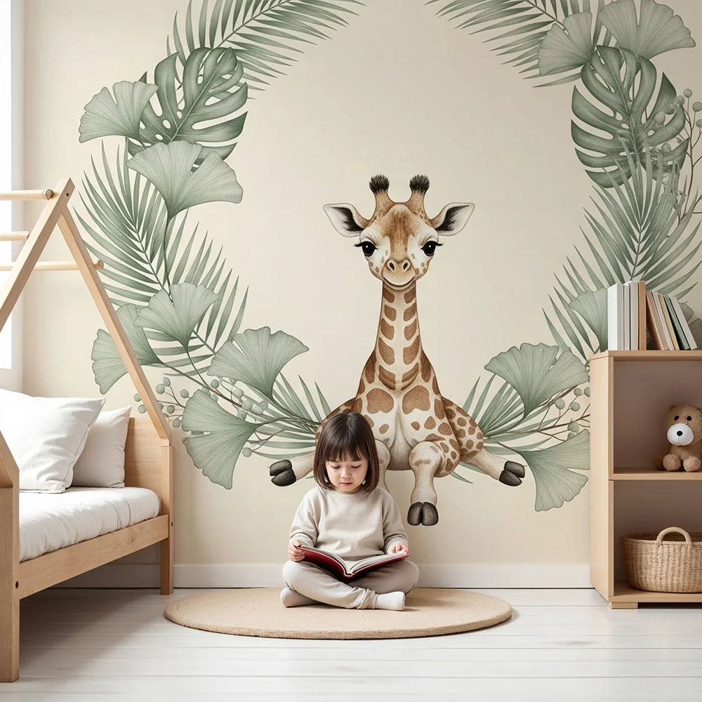 Papel de parede quarto bebê | Adorável girafa cercada por folhagem tropical
