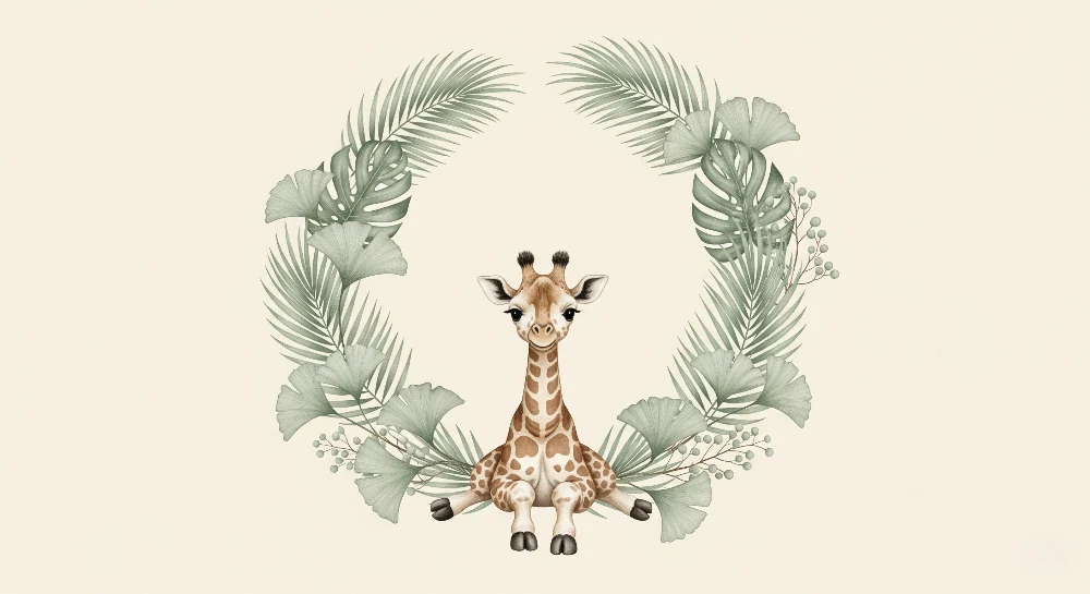 Papel de parede quarto bebê | Adorável girafa cercada por folhagem tropical