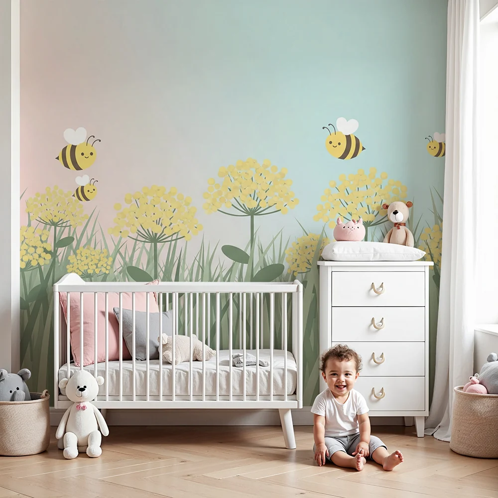 Papel de parede quarto bebê | Alegres abelhas e flores ensolaradas