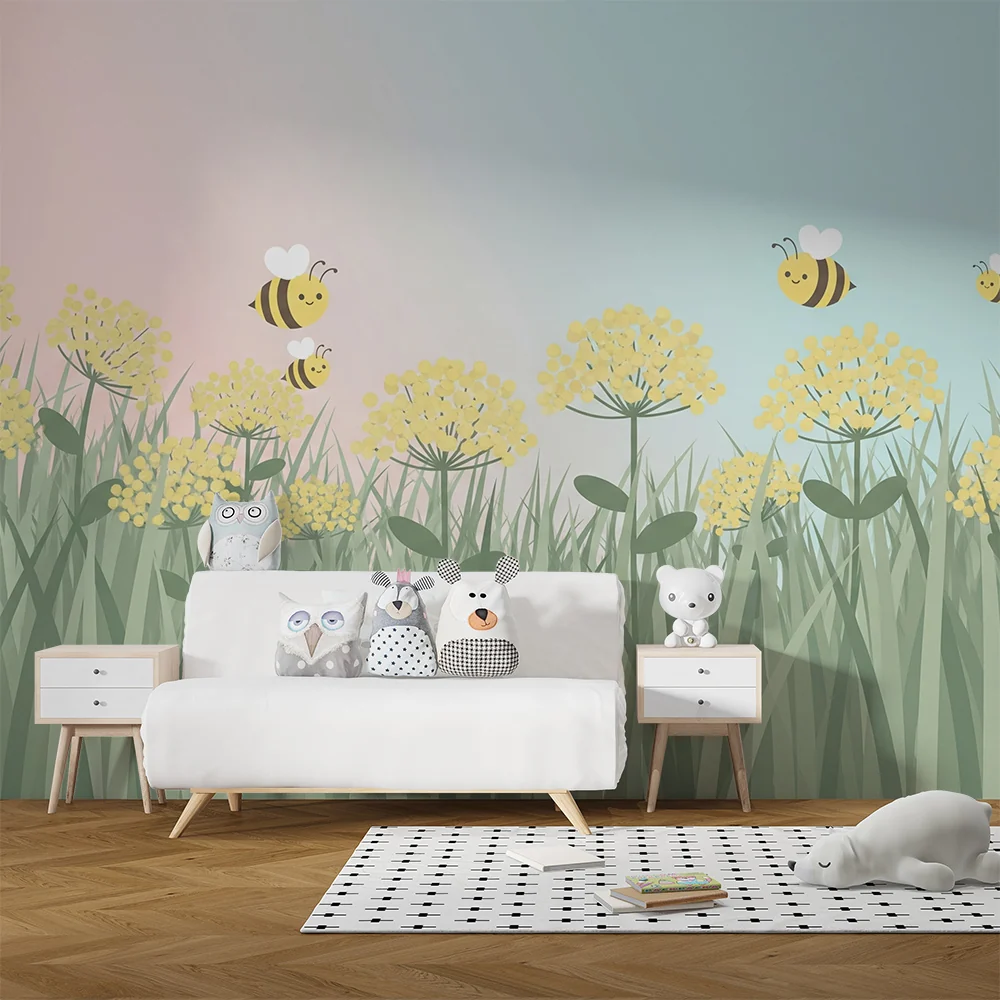 Papel de parede quarto bebê | Alegres abelhas e flores ensolaradas