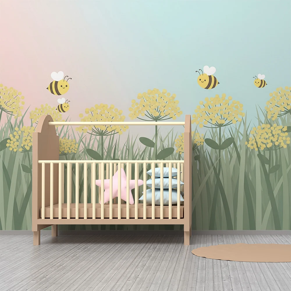Papel de parede quarto bebê | Alegres abelhas e flores ensolaradas