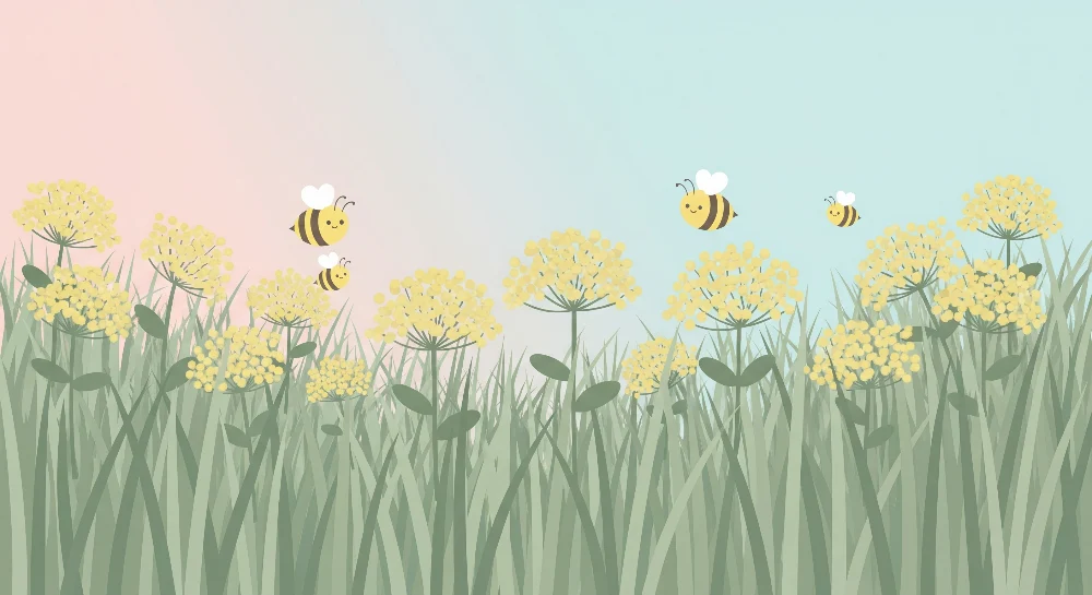 Papel de parede quarto bebê | Alegres abelhas e flores ensolaradas