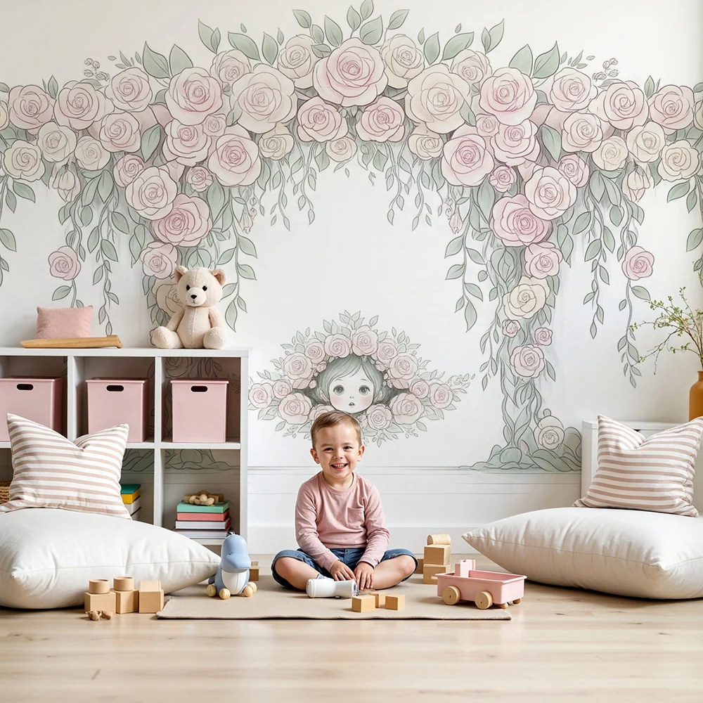 Papel de parede quarto bebê | Arco de rosas delicadas e rosto de crianç