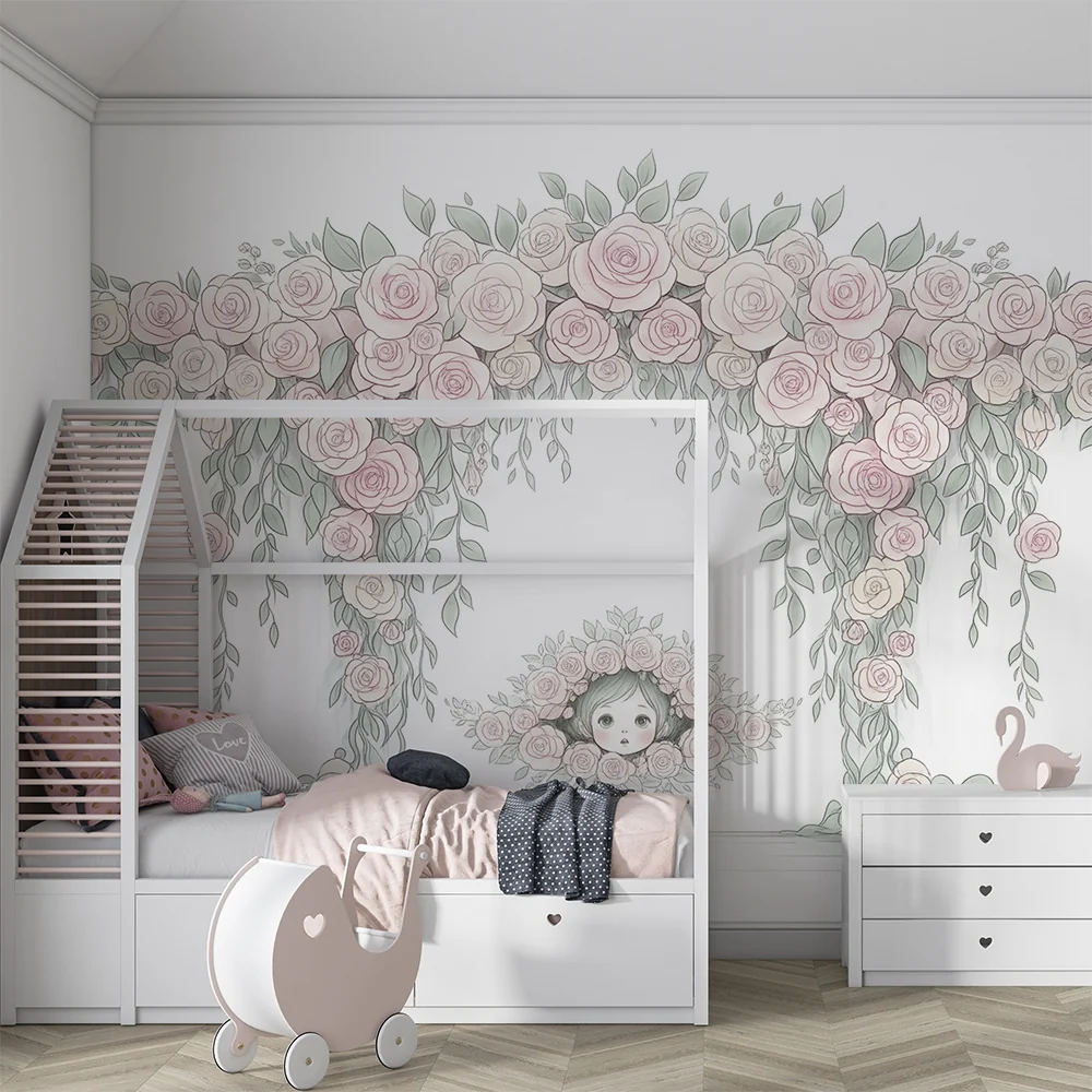 Papel de parede quarto bebê | Arco de rosas delicadas e rosto de crianç