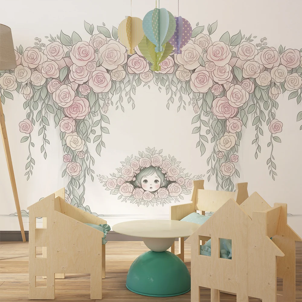 Papel de parede quarto bebê | Arco de rosas delicadas e rosto de crianç