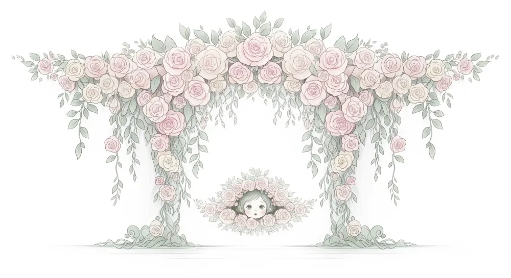 Papel de parede quarto bebê | Arco de rosas delicadas e rosto de crianç