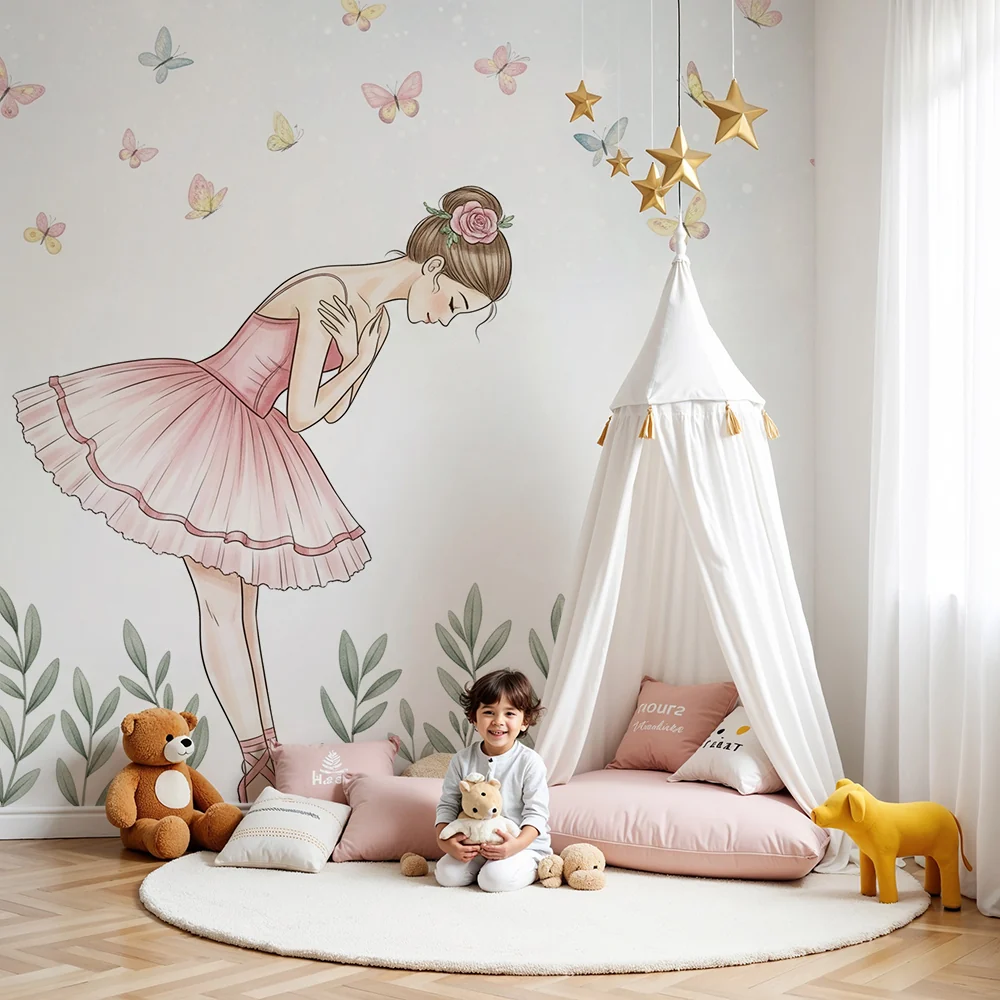 Papel de parede quarto bebê | Bailarina e borboletas encantadas