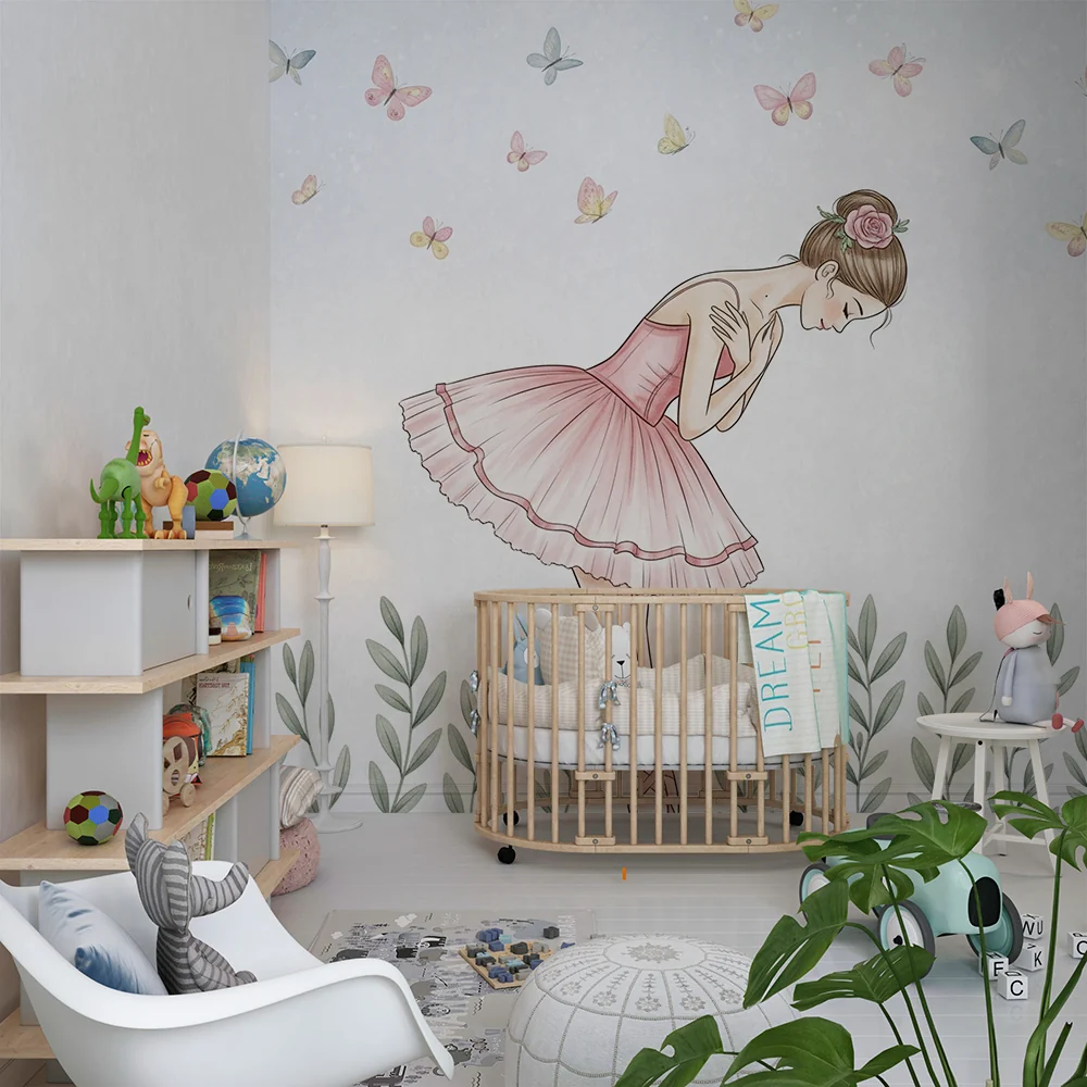 Papel de parede quarto bebê | Bailarina e borboletas encantadas