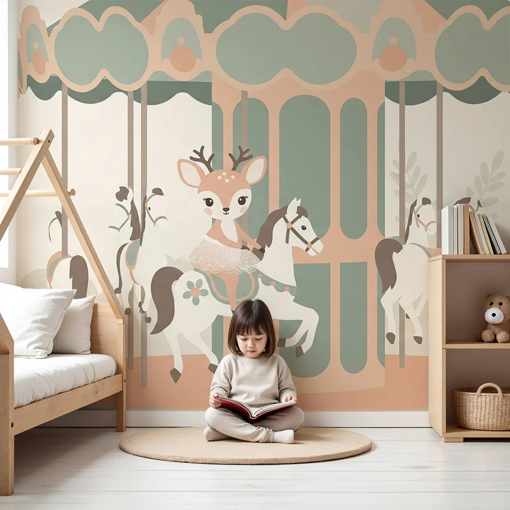 Papel de parede quarto bebê | Bailarina e carrossel encantador