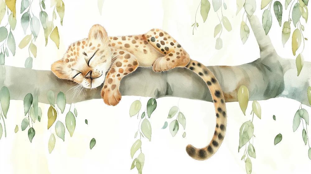Papel de parede quarto bebê | Bebê leopardo dormindo em um galho com folhagem delicada