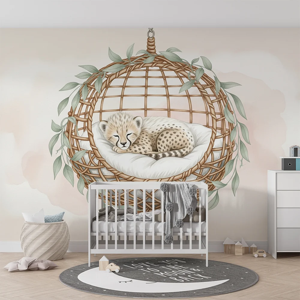 Papel de parede quarto bebê | Bebê leopardo em seu ninho aconchegante
