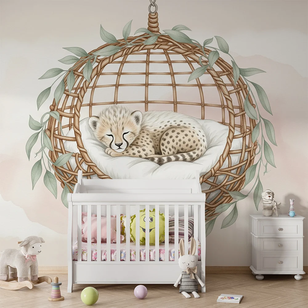 Papel de parede quarto bebê | Bebê leopardo em seu ninho aconchegante