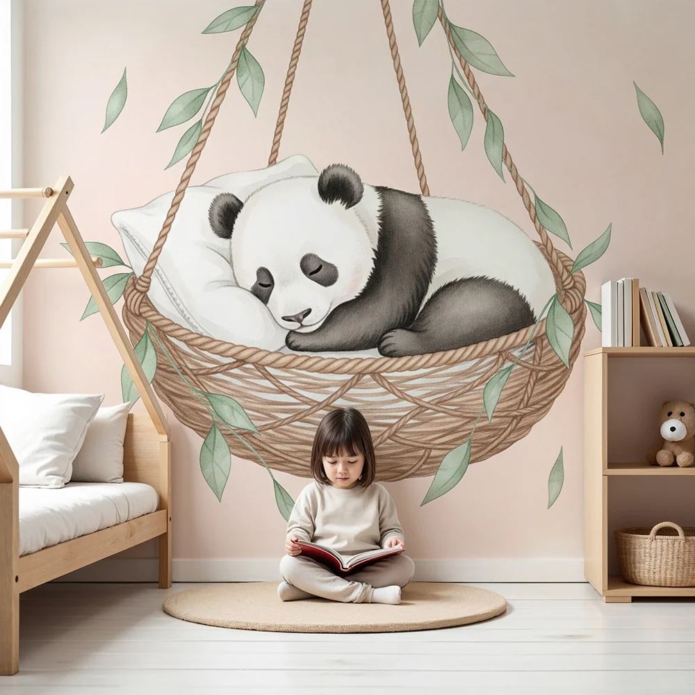 Papel de parede quarto bebê | Bebê panda dormindo em sua cesta