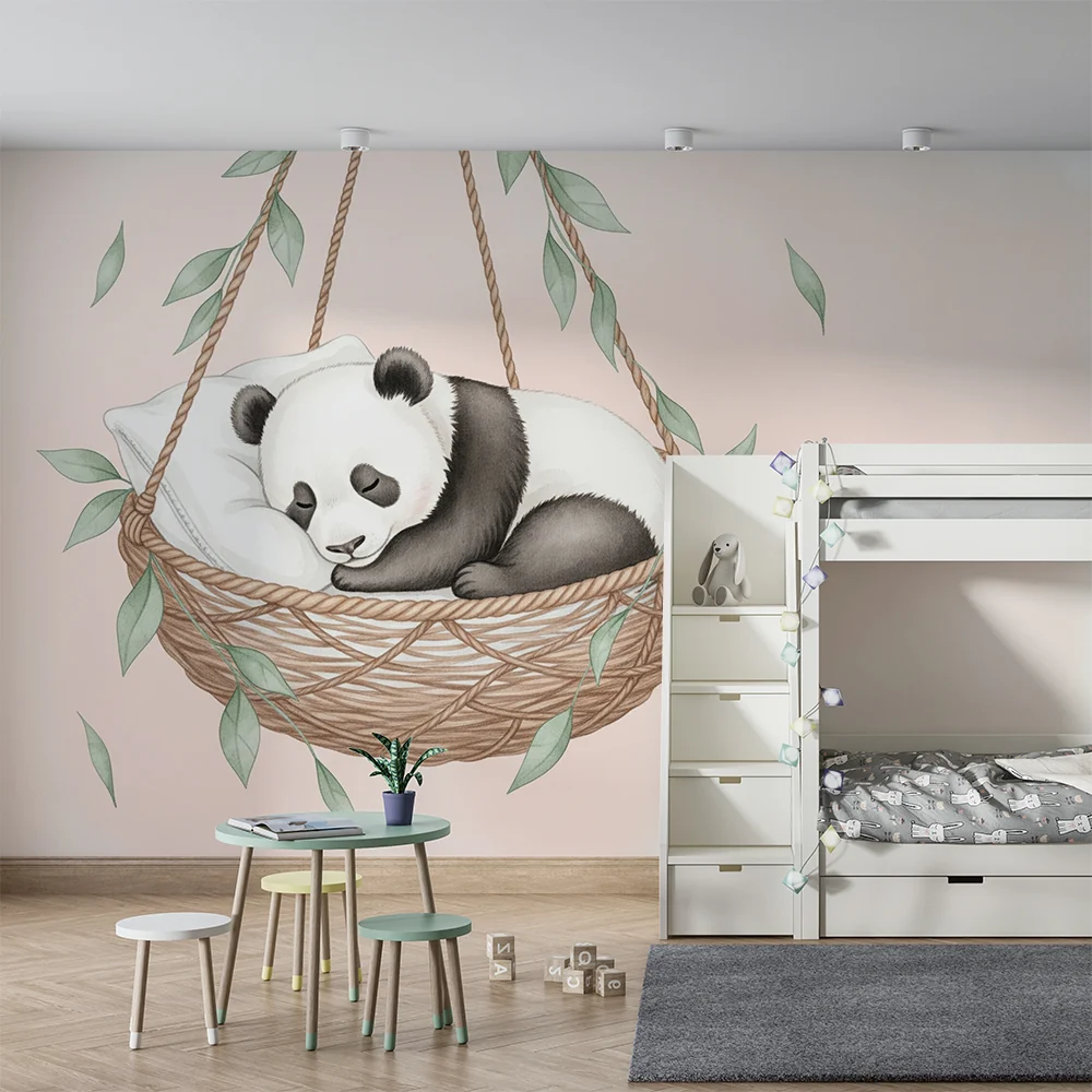 Papel de parede quarto bebê | Bebê panda dormindo em sua cesta