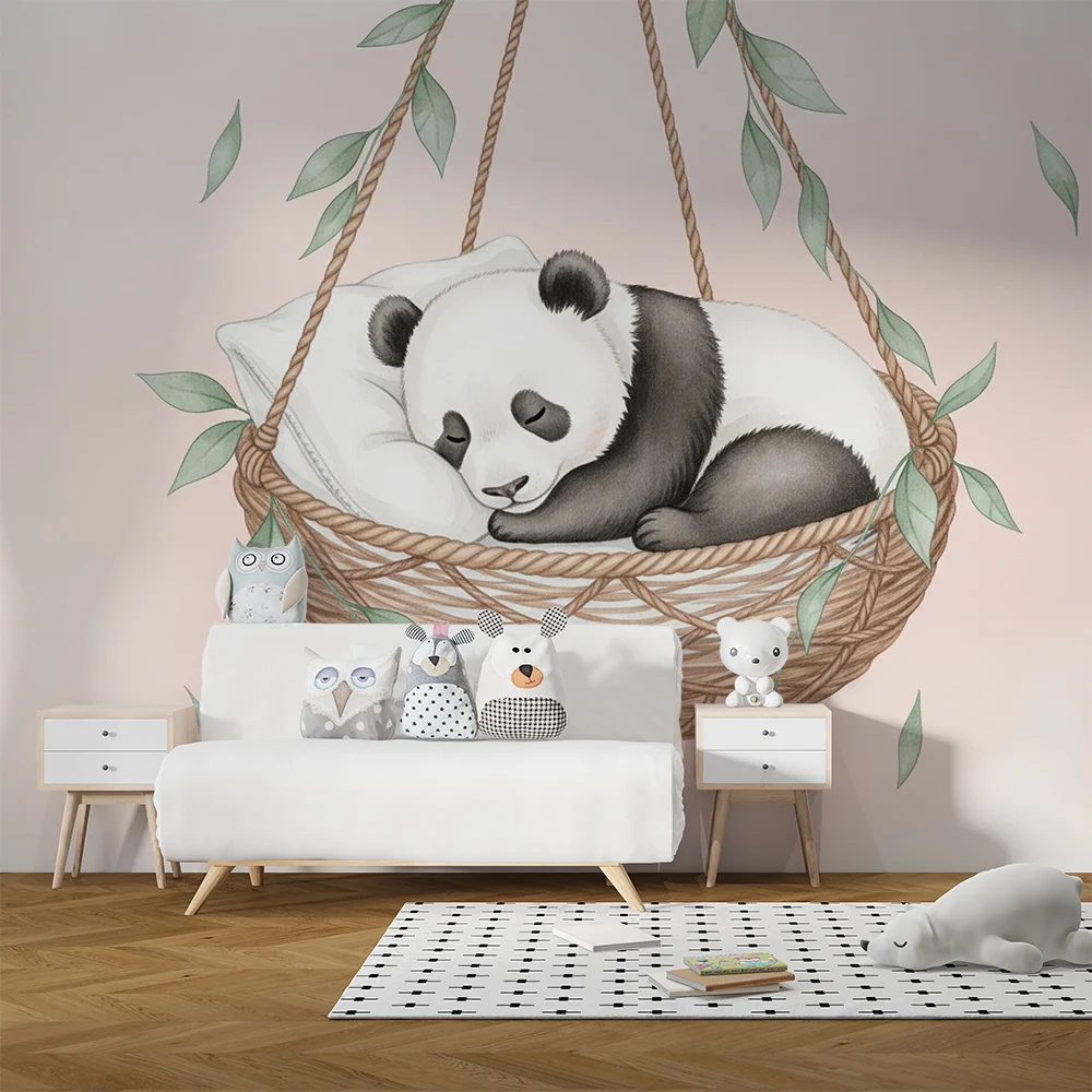 Papel de parede quarto bebê | Bebê panda dormindo em sua cesta