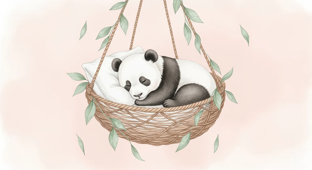 Papel de parede quarto bebê | Bebê panda dormindo em sua cesta