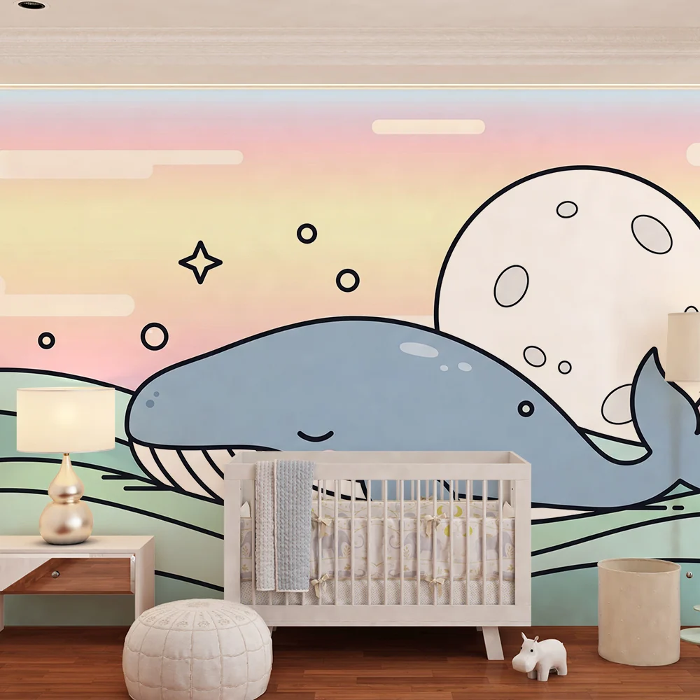 Papel de parede quarto bebê | Bonito baleia em fundo pastel com lua