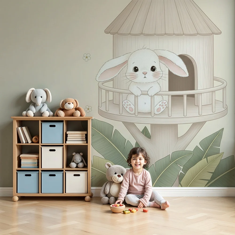 Papel de parede quarto bebê | Coelho fofo em sua casa na árvore