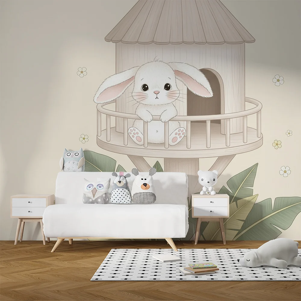 Papel de parede quarto bebê | Coelho fofo em sua casa na árvore