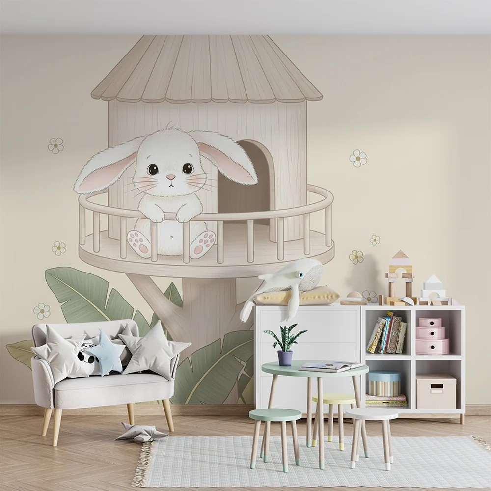 Papel de parede quarto bebê | Coelho fofo em sua casa na árvore