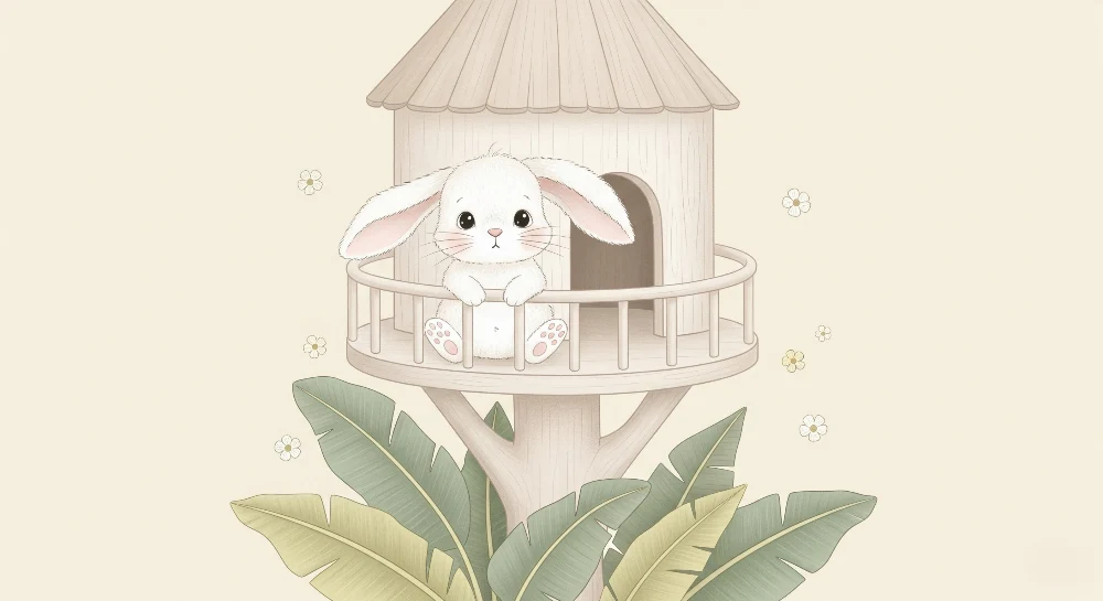Papel de parede quarto bebê | Coelho fofo em sua casa na árvore