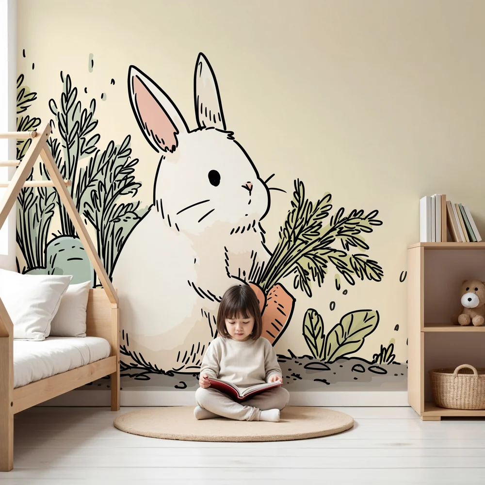 Papel de parede quarto bebê | Coelho e legumes coloridos