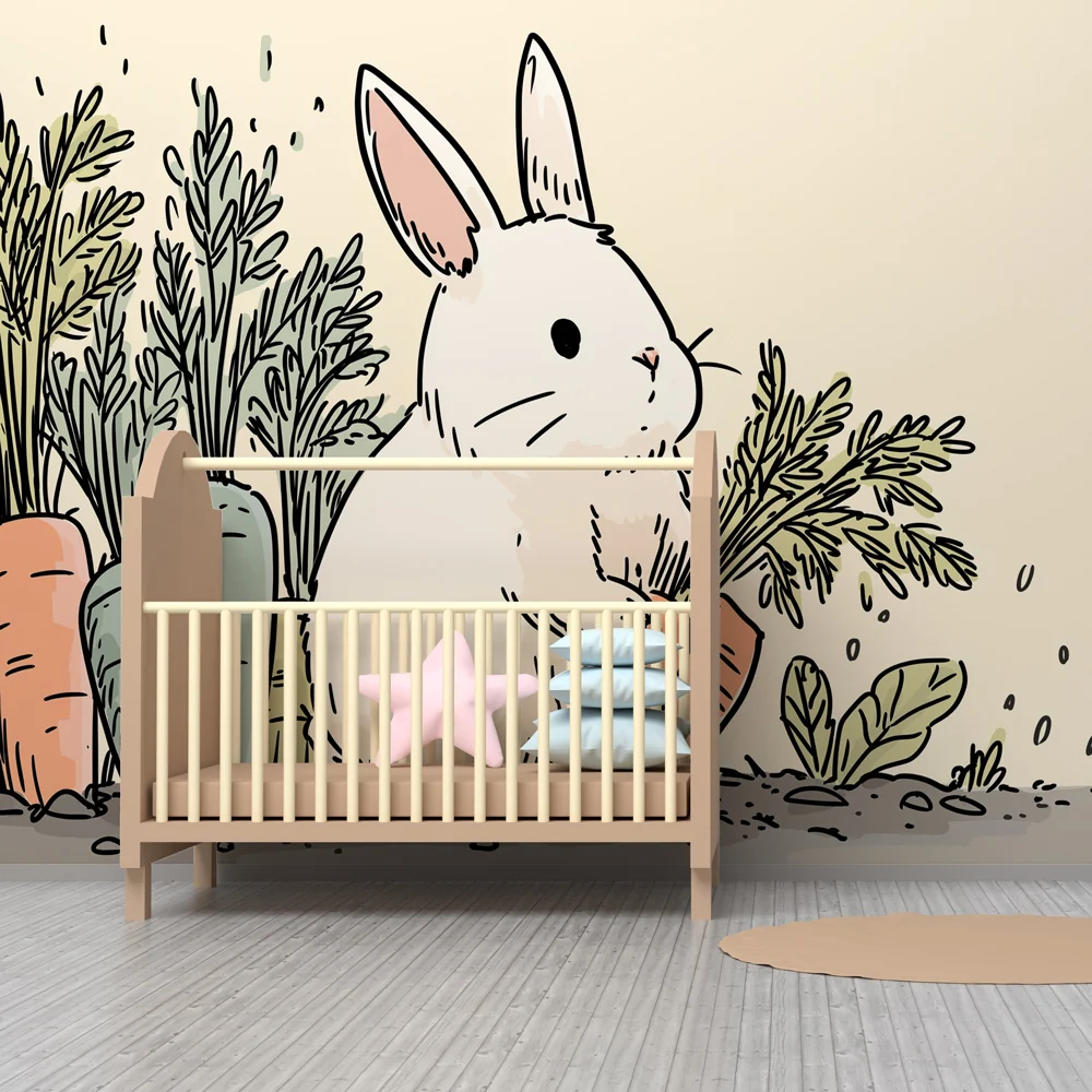 Papel de parede quarto bebê | Coelho e legumes coloridos