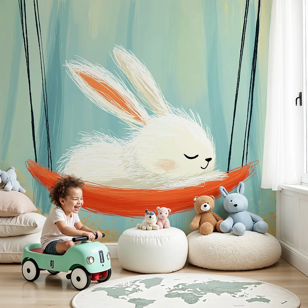 Papel de parede quarto bebê | Coelho sonhador em uma rede