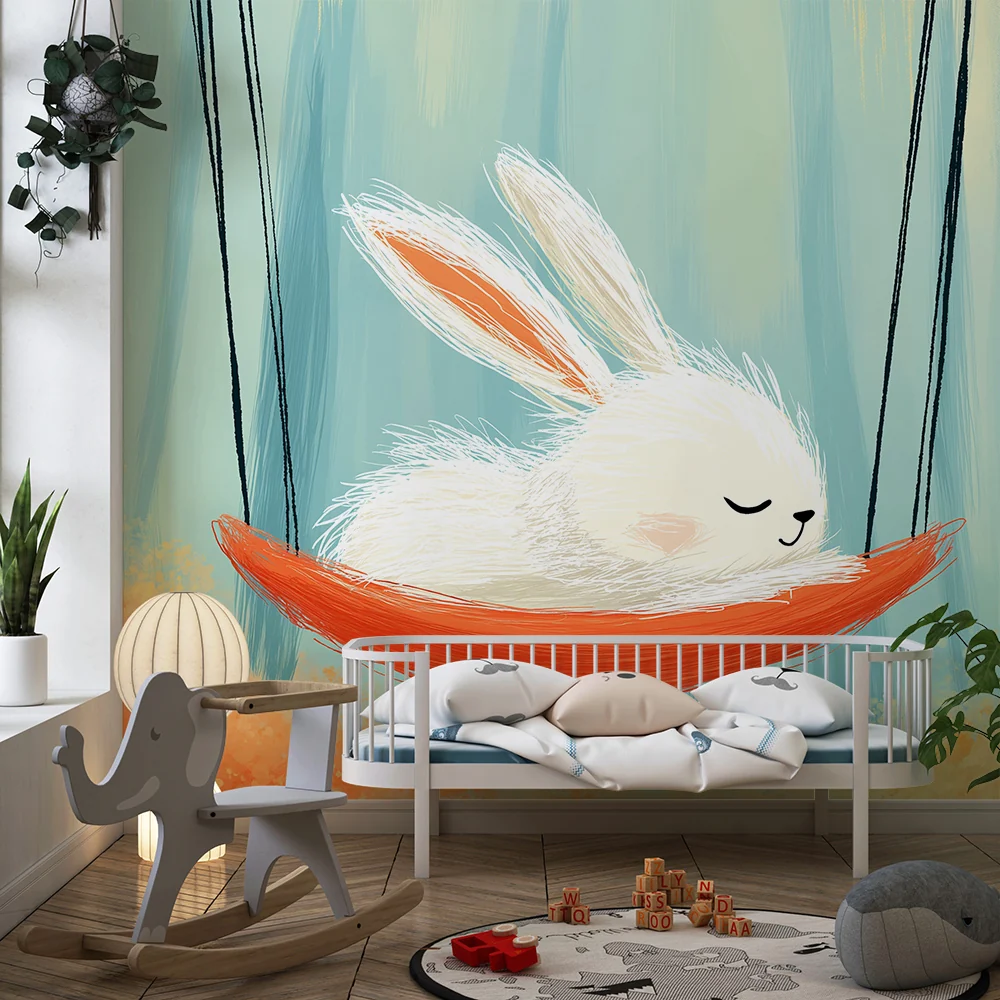 Papel de parede quarto bebê | Coelho sonhador em uma rede
