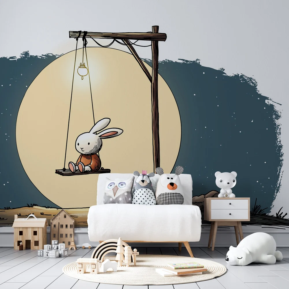 Papel de parede quarto bebê | Coelho sonhador sob lua