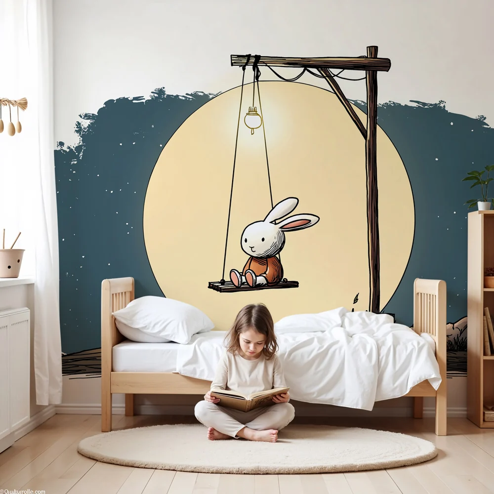 Papel de parede quarto bebê | Coelho sonhador sob lua