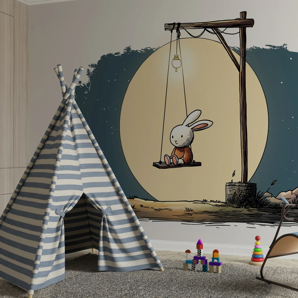 Papel de parede quarto bebê | Coelho sonhador sob lua