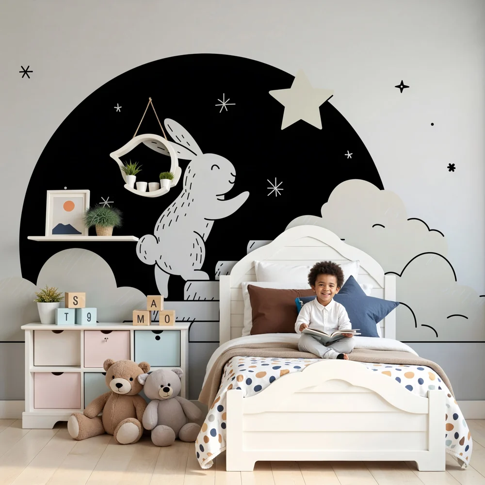 Papel de parede quarto bebê | Coelho sonhador sob as estrelas