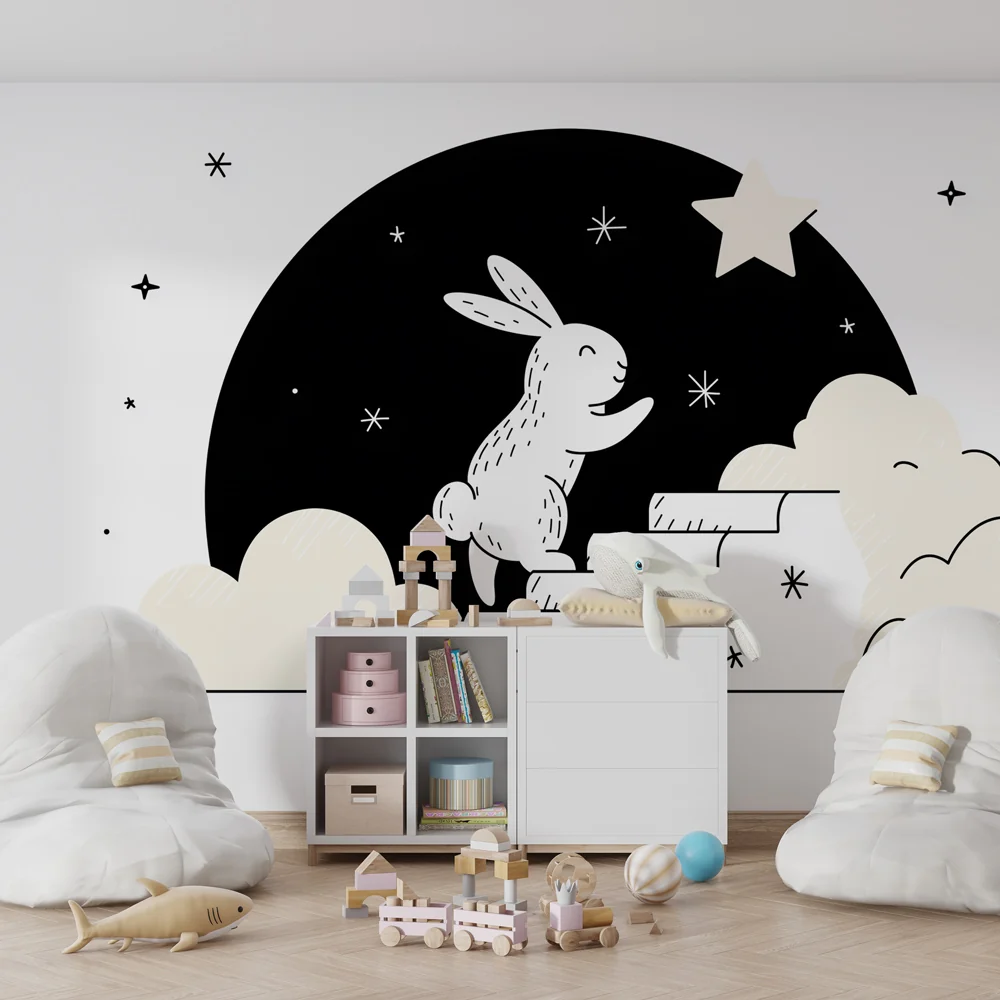 Papel de parede quarto bebê | Coelho sonhador sob as estrelas