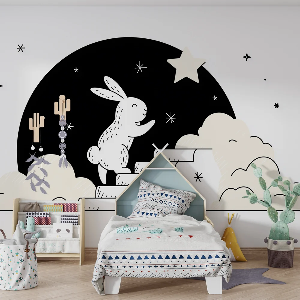 Papel de parede quarto bebê | Coelho sonhador sob as estrelas
