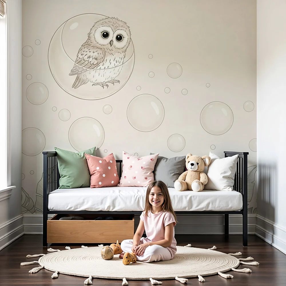 Papel de parede quarto bebê | Coruja em uma bolha e folhas tropicais