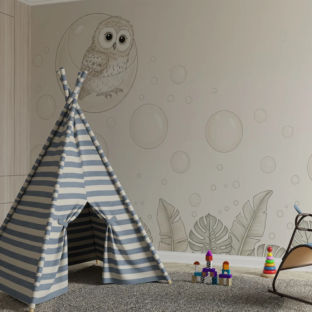 Papel de parede quarto bebê | Coruja em uma bolha e folhas tropicais