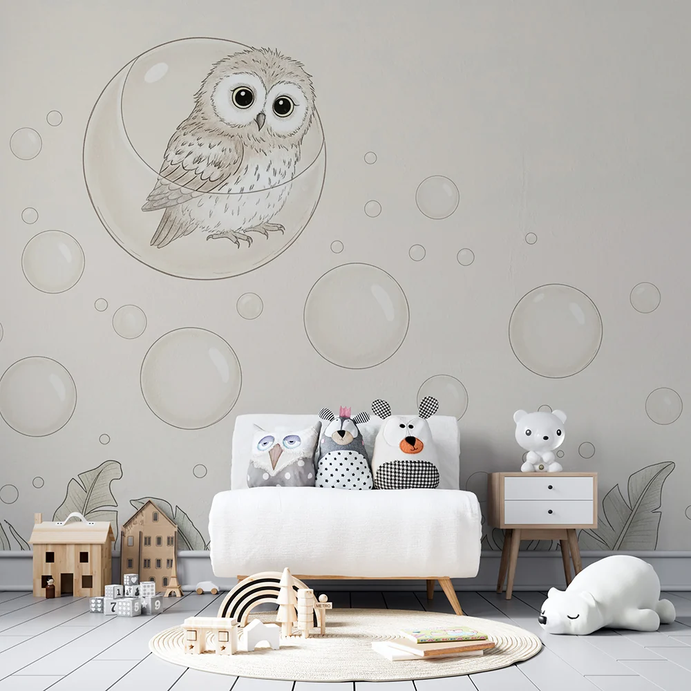 Papel de parede quarto bebê | Coruja em uma bolha e folhas tropicais
