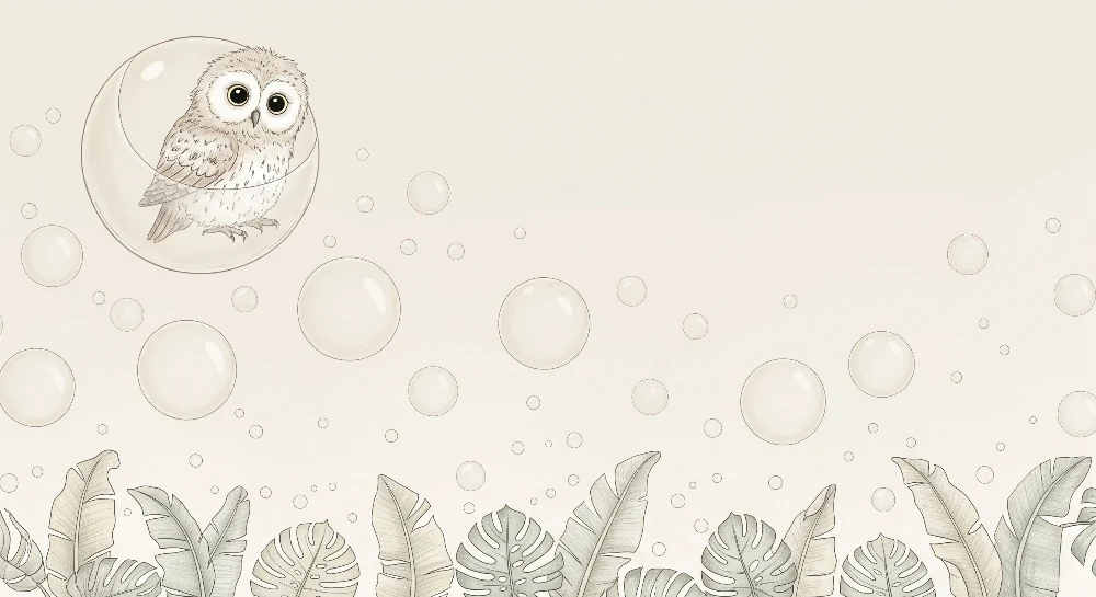 Papel de parede quarto bebê | Coruja em uma bolha e folhas tropicais