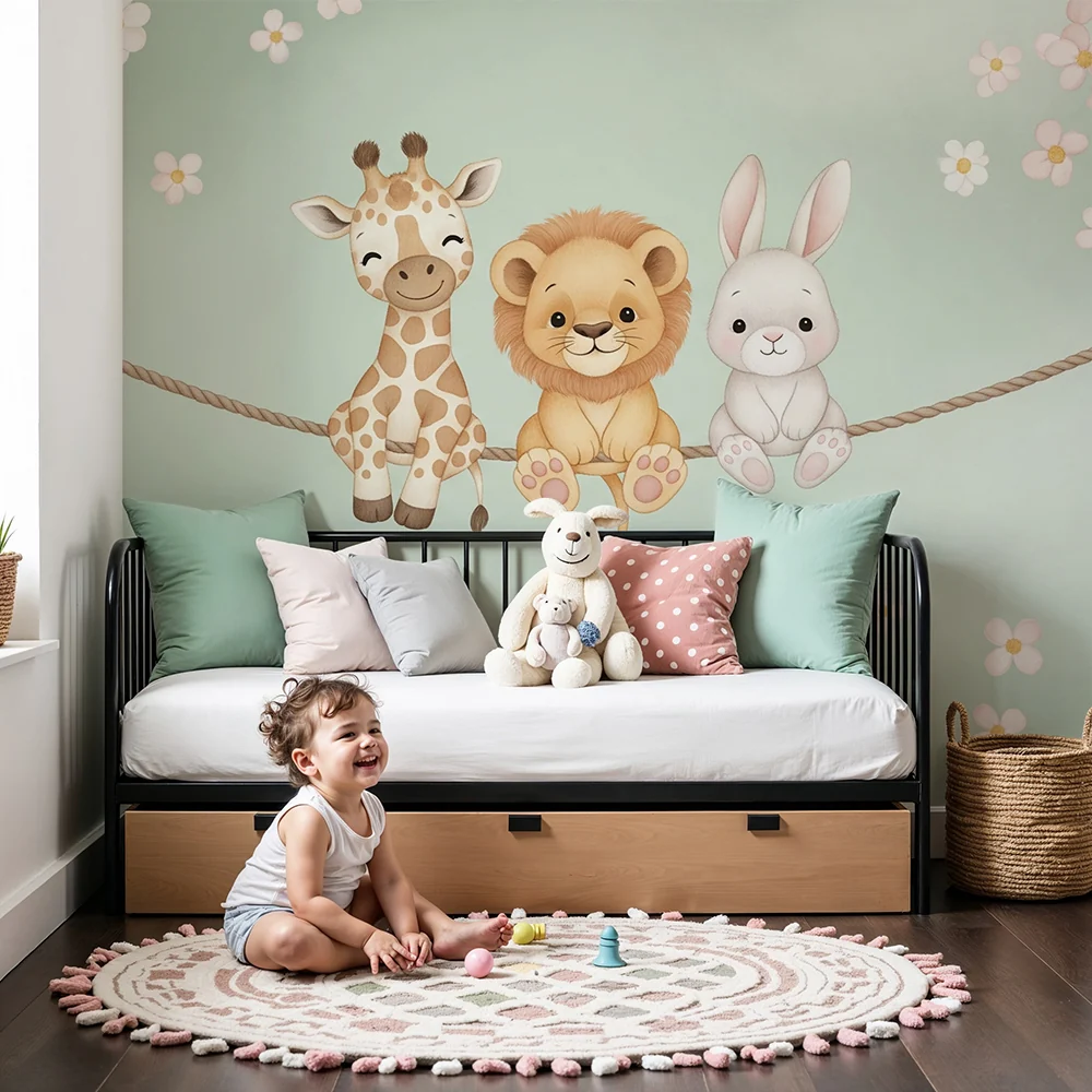 Papel de parede quarto bebê | Cute animals on rope and daisies