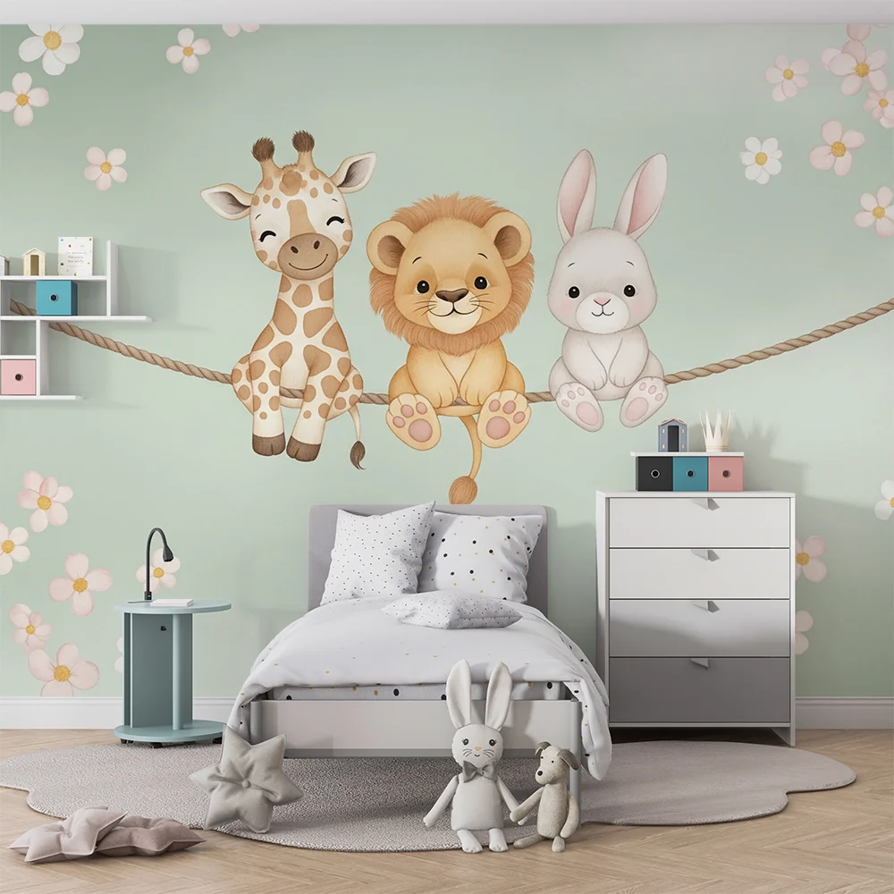 Papel de parede quarto bebê | Cute animals on rope and daisies
