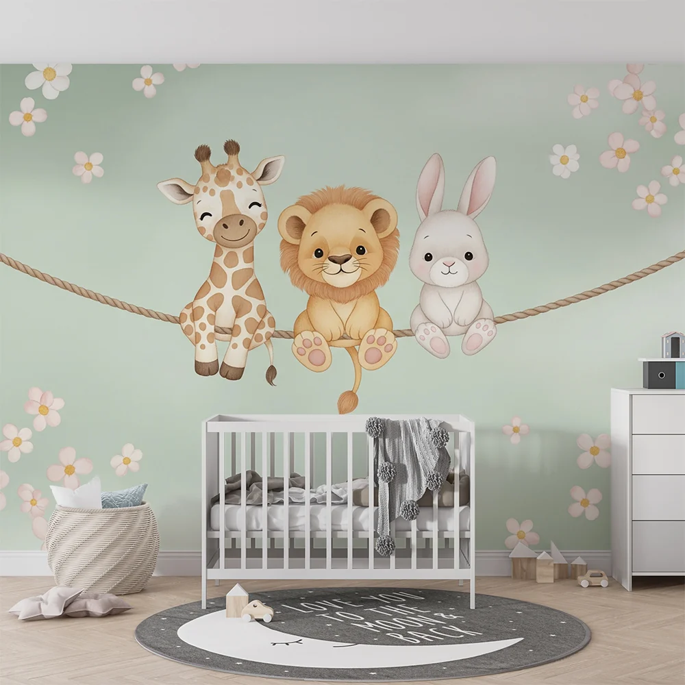 Papel de parede quarto bebê | Cute animals on rope and daisies